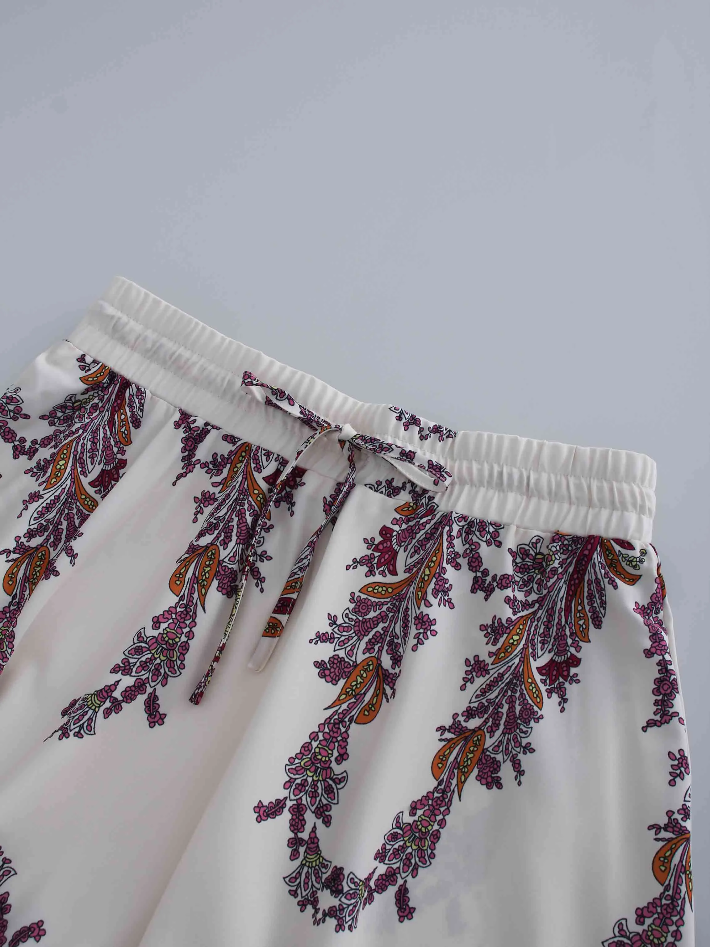 Drawstring Printed Skirt-Pink Floral