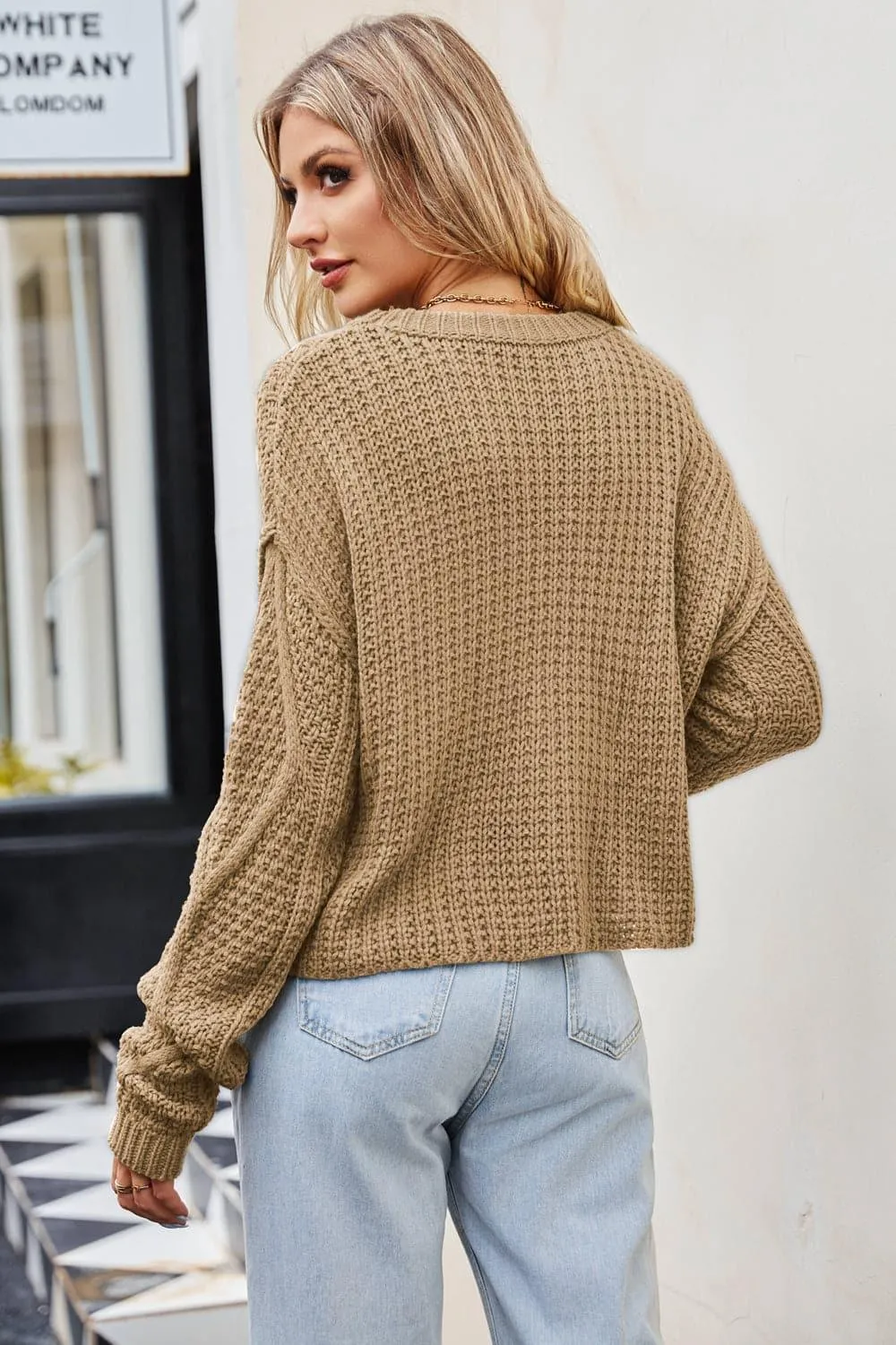 Ella Cable-Knit Round Neck Dropped Shoulder Sweater, Camel