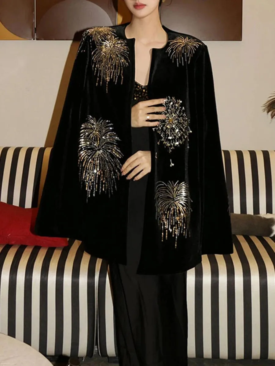 Embroidery Fireworks Patchwork Cape O Neck Shawl Sleeve Loose Sequins Coat