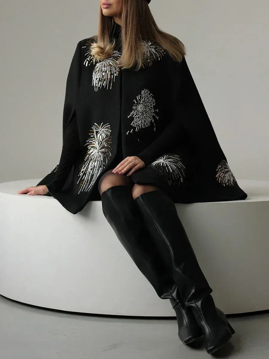 Embroidery Fireworks Patchwork Cape O Neck Shawl Sleeve Loose Sequins Coat