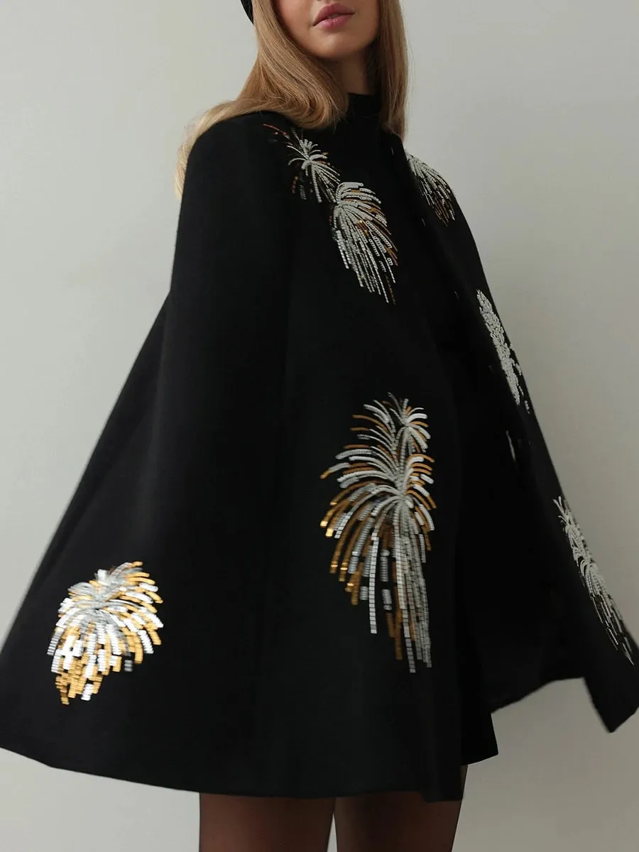 Embroidery Fireworks Patchwork Cape O Neck Shawl Sleeve Loose Sequins Coat