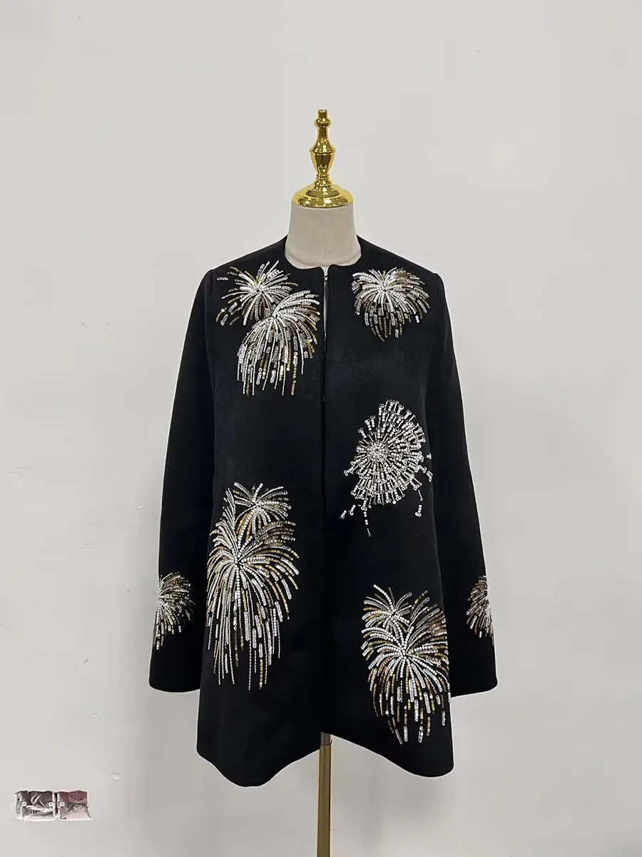 Embroidery Fireworks Patchwork Cape O Neck Shawl Sleeve Loose Sequins Coat