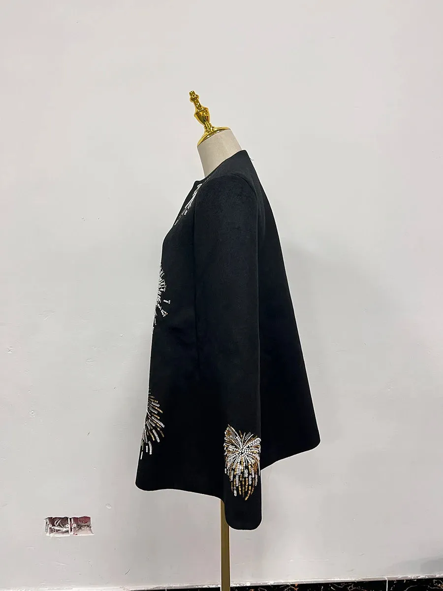 Embroidery Fireworks Patchwork Cape O Neck Shawl Sleeve Loose Sequins Coat