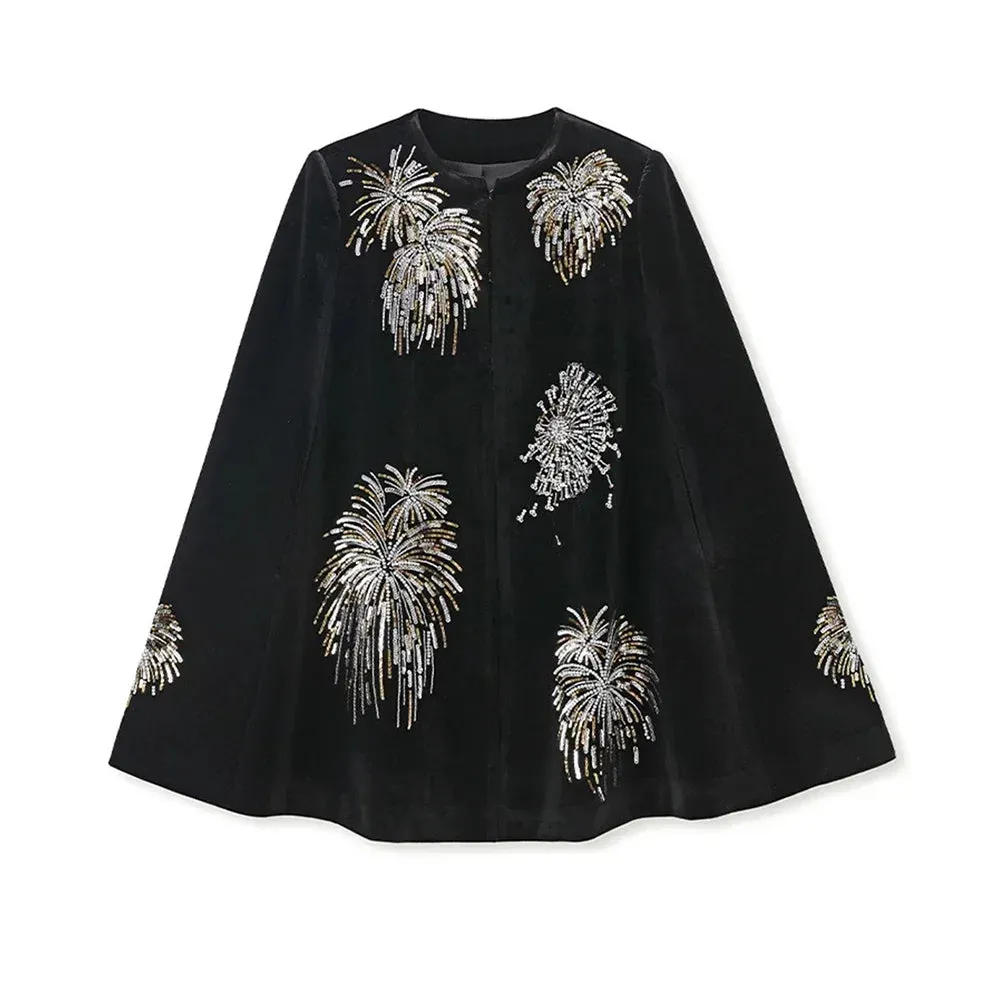 Embroidery Fireworks Patchwork Cape O Neck Shawl Sleeve Loose Sequins Coat
