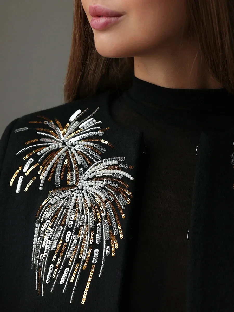 Embroidery Fireworks Patchwork Cape O Neck Shawl Sleeve Loose Sequins Coat