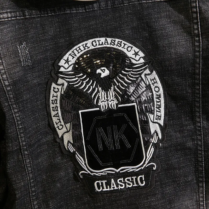 Embroidery New Men's Denim Jacket Long Sleeve Jean Coats