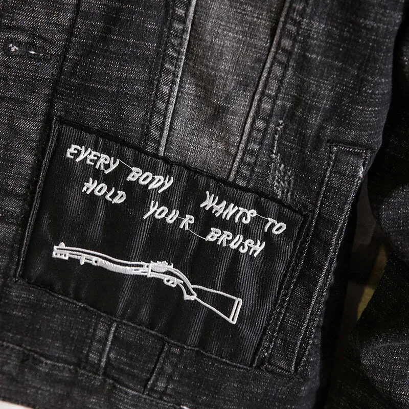 Embroidery New Men's Denim Jacket Long Sleeve Jean Coats