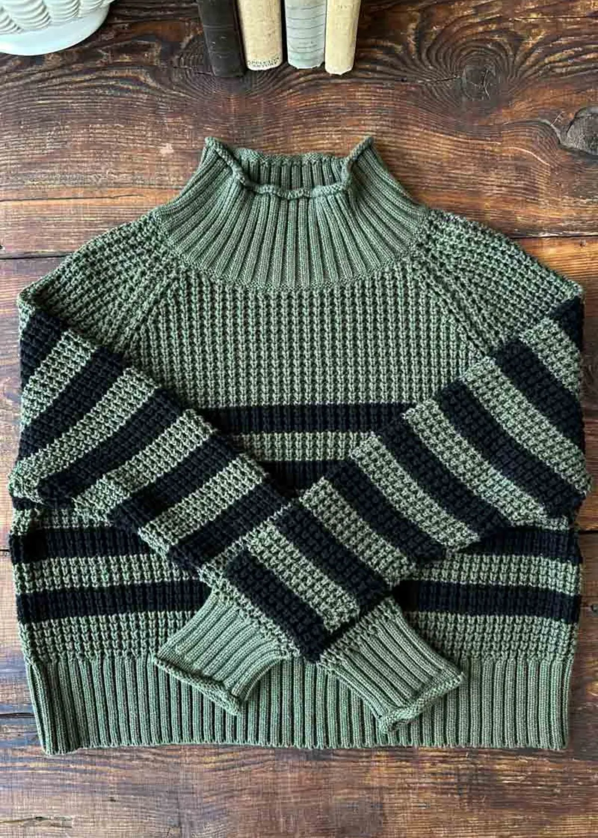 EMERSON FRY Boxy Funnel Neck Sweater - Army   Black Stripe