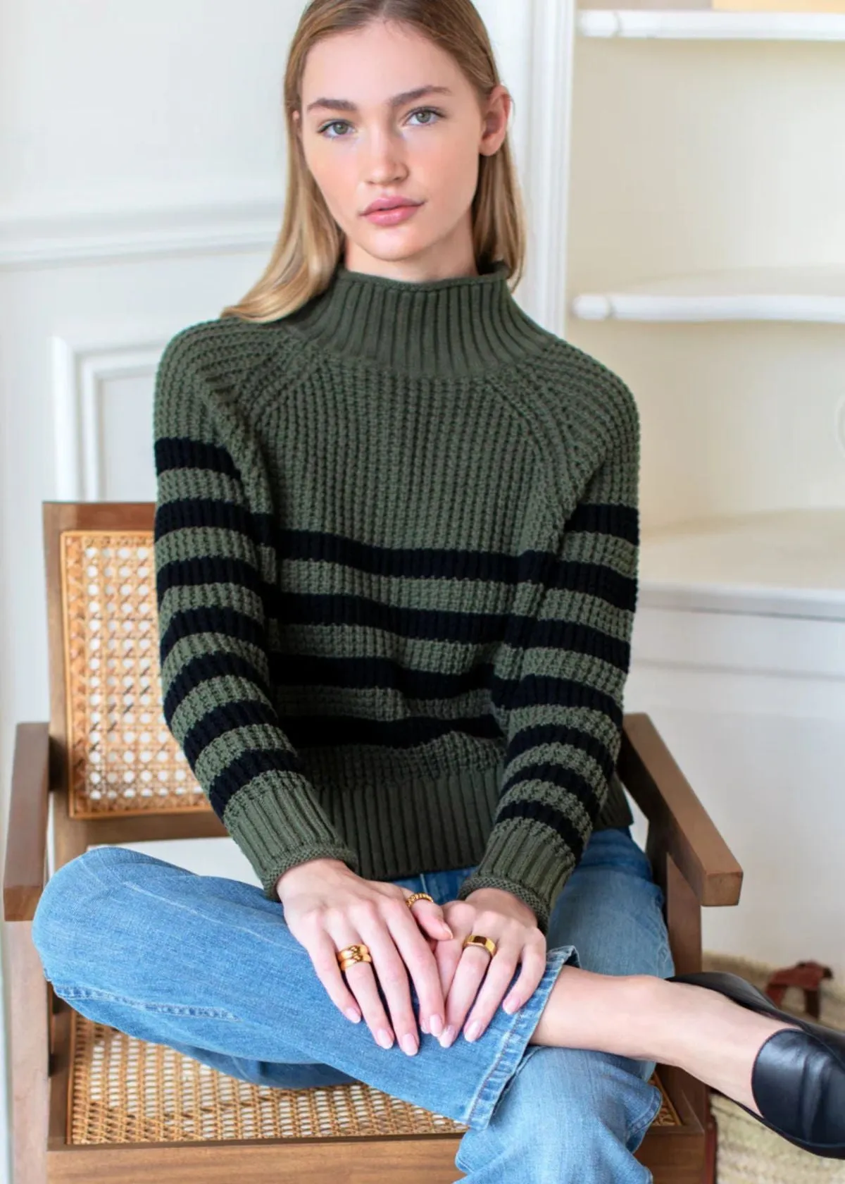 EMERSON FRY Boxy Funnel Neck Sweater - Army   Black Stripe