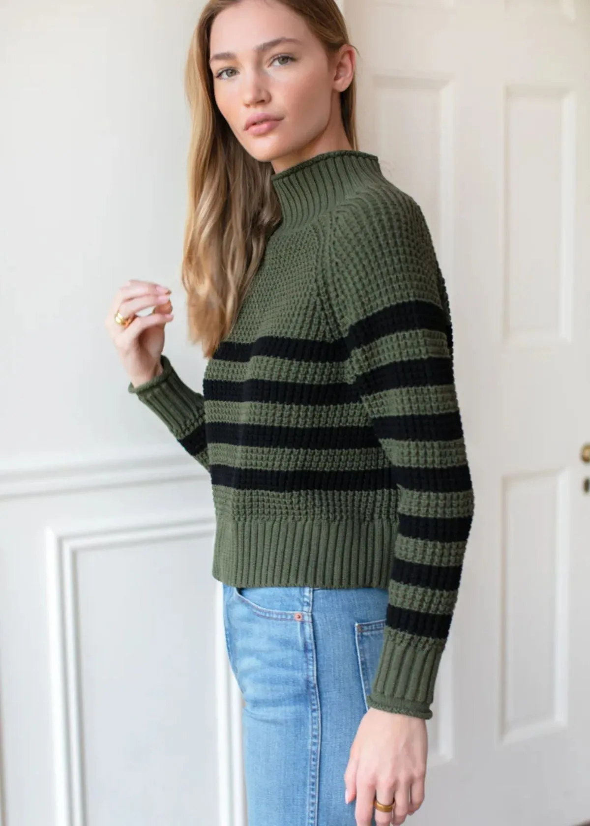 EMERSON FRY Boxy Funnel Neck Sweater - Army   Black Stripe
