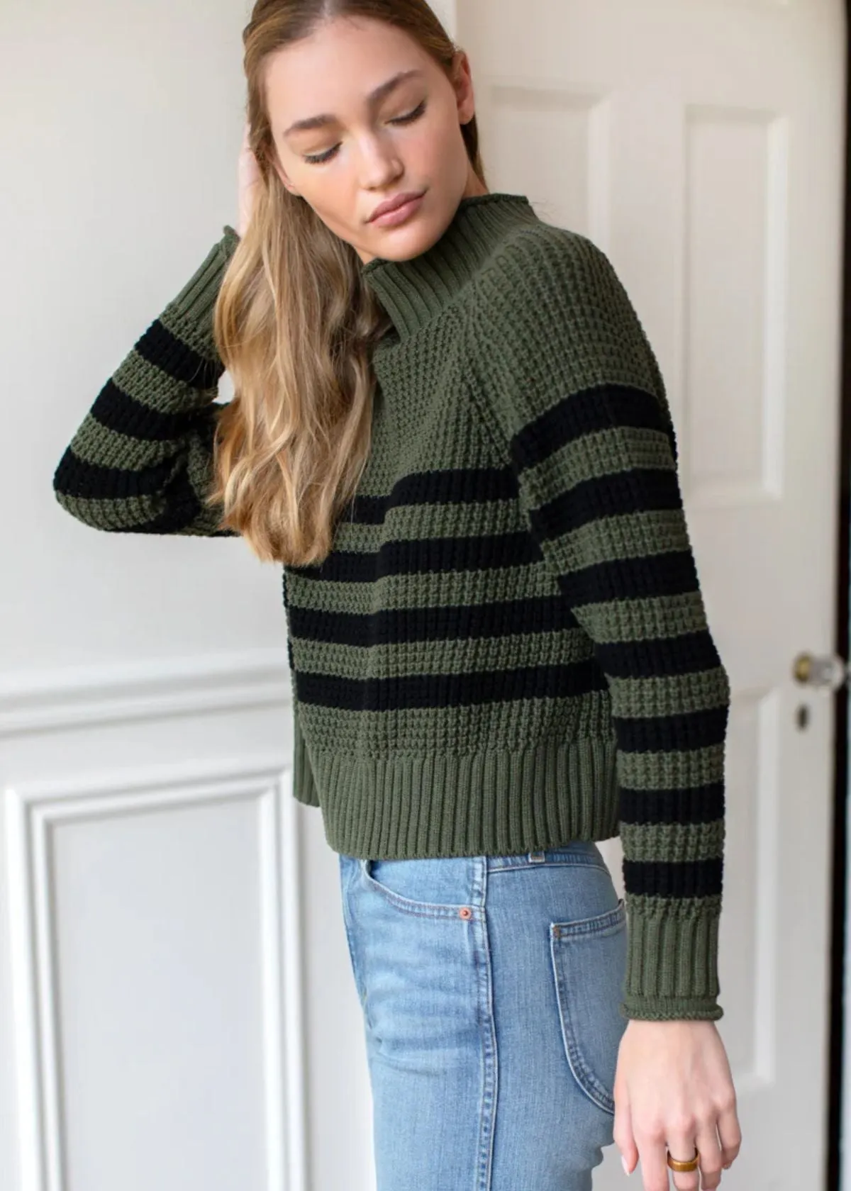 EMERSON FRY Boxy Funnel Neck Sweater - Army   Black Stripe