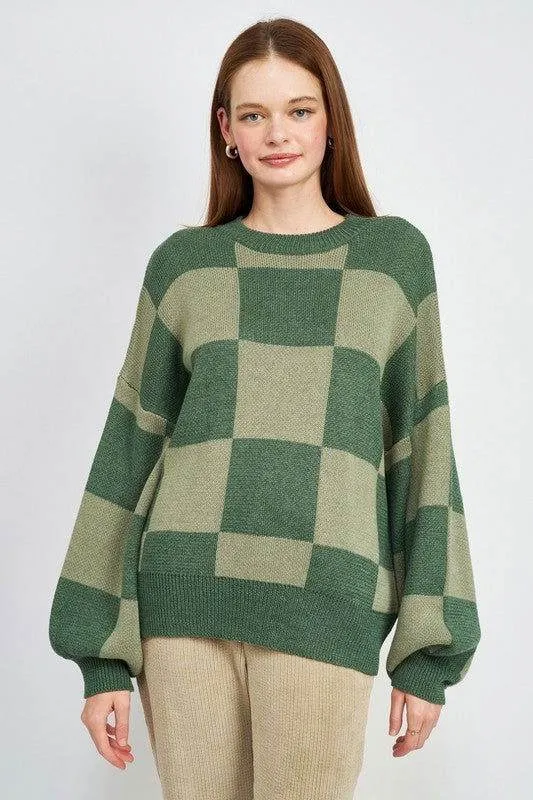 Emory Park Checkered Sweater With Bubble Sleeves