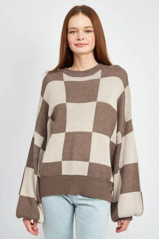 Emory Park Checkered Sweater With Bubble Sleeves