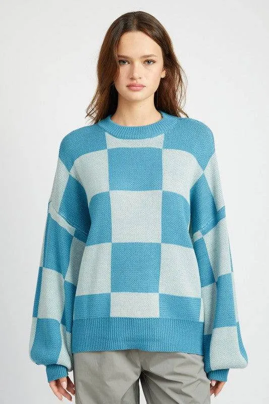 Emory Park Checkered Sweater With Bubble Sleeves