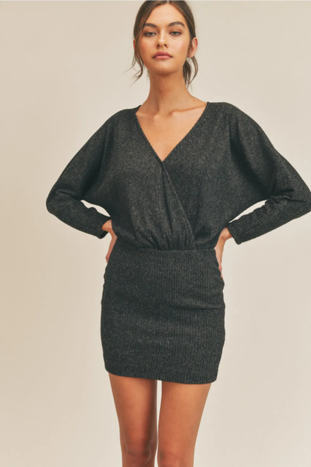 Faux Layover Knit Mini Dress (Black)