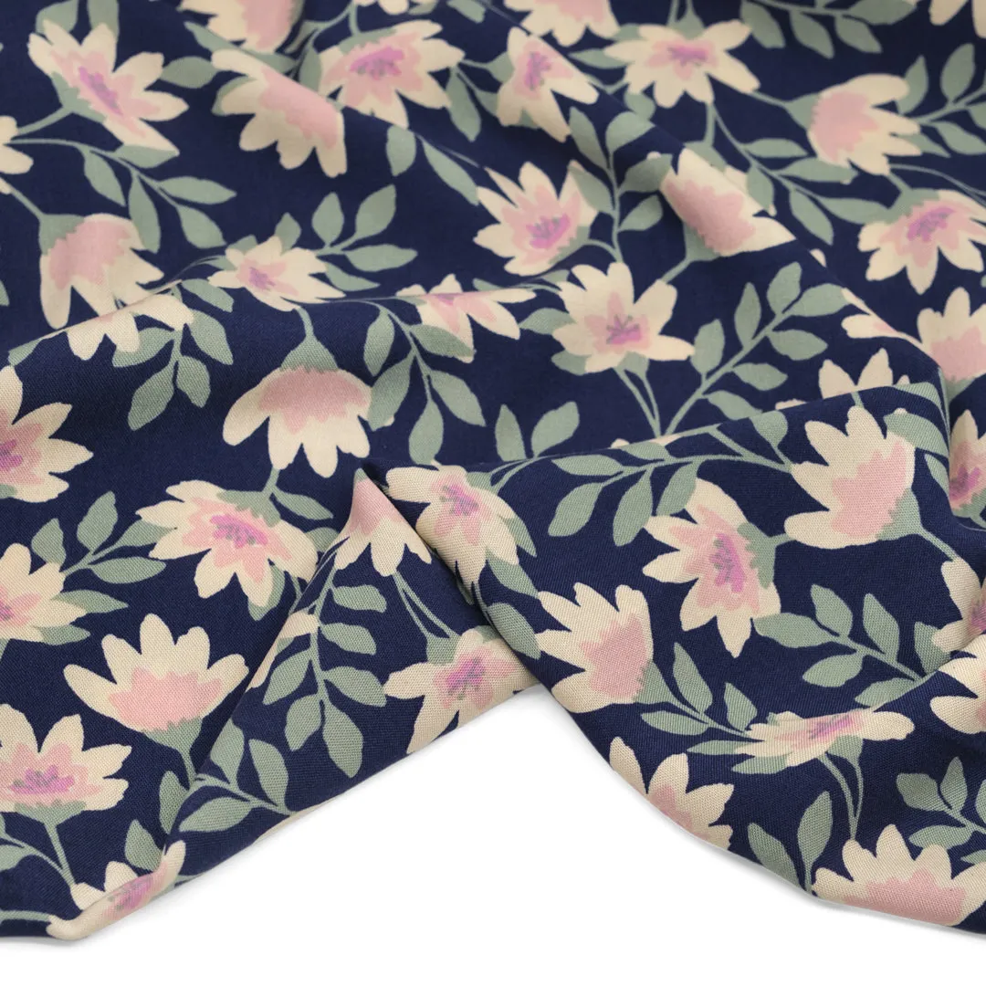 Flowering Vines Rayon Challis - Navy/Cream