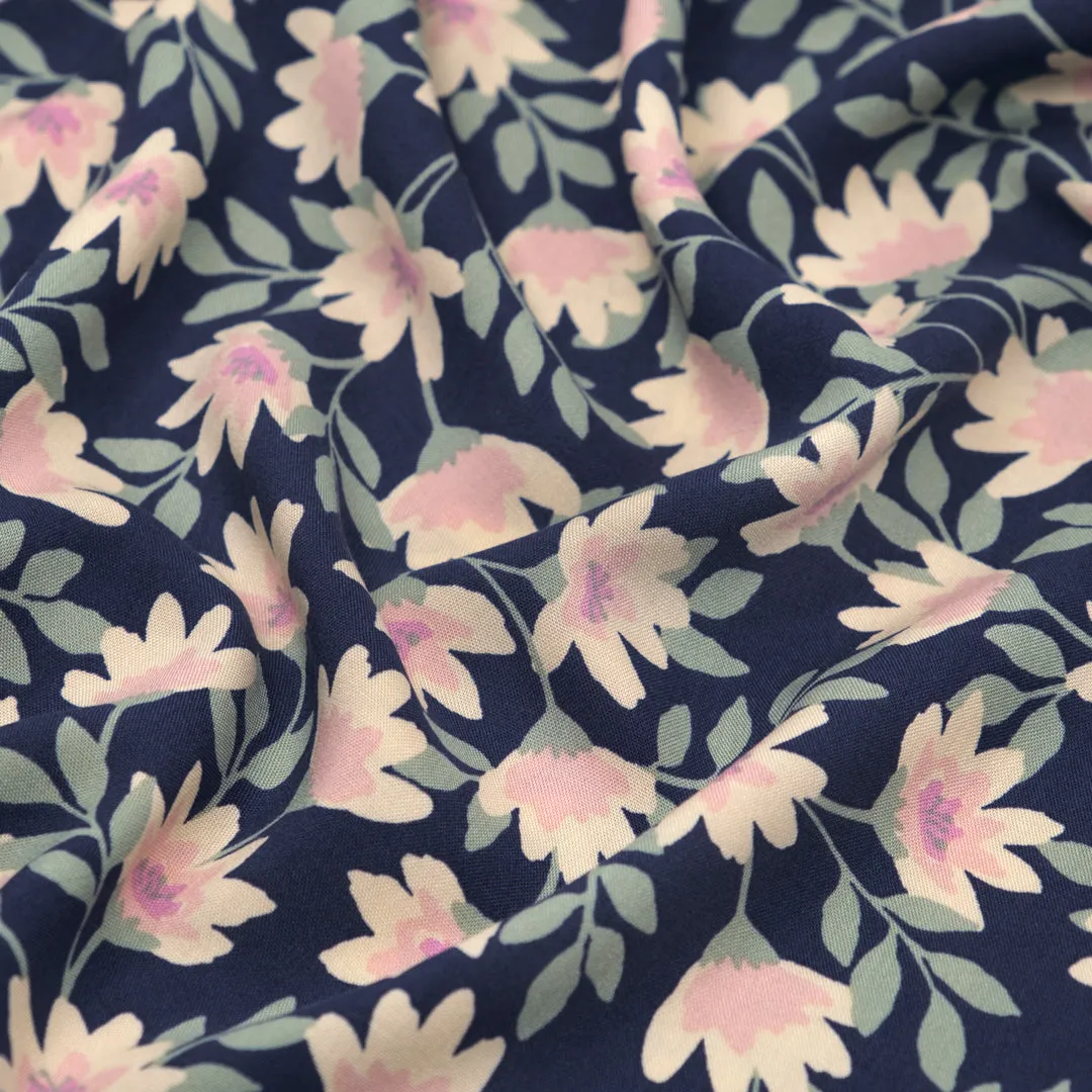 Flowering Vines Rayon Challis - Navy/Cream