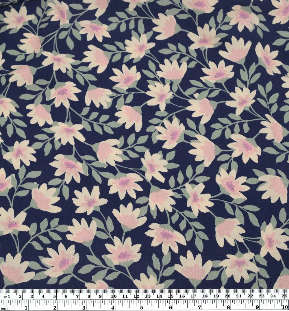 Flowering Vines Rayon Challis - Navy/Cream