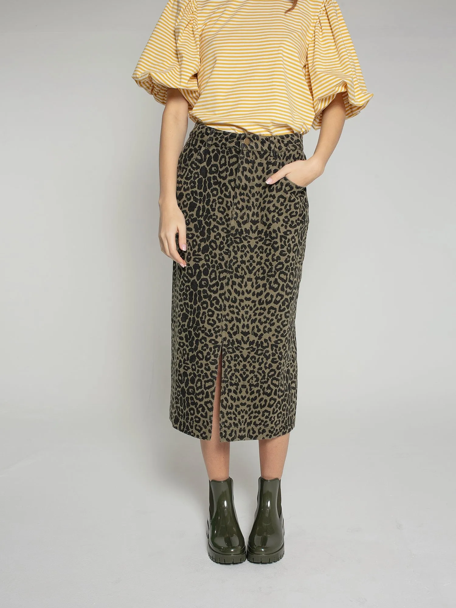 Frankie Denim Skirt in Khaki Leopard Print