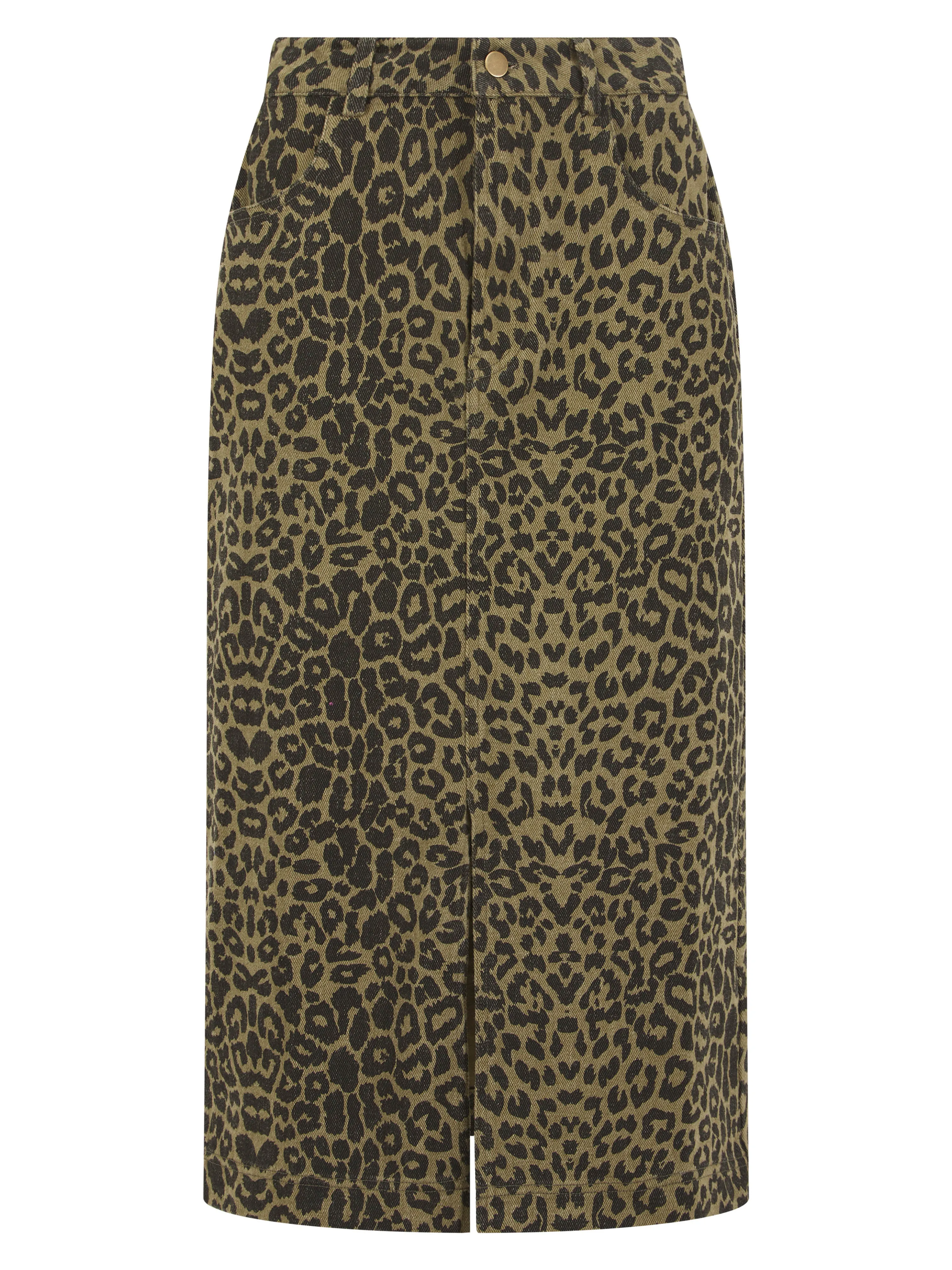 Frankie Denim Skirt in Khaki Leopard Print