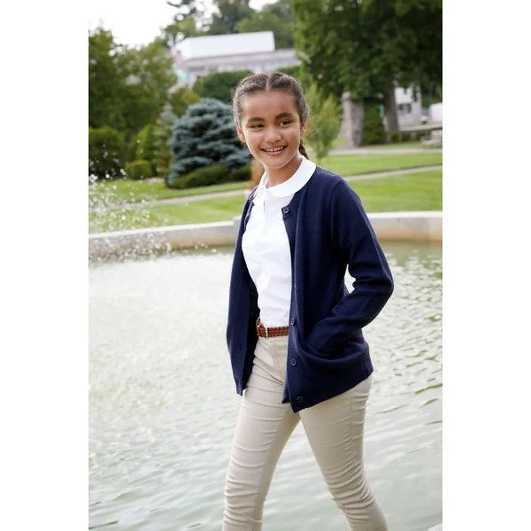 Girls Anti-Pill Crewneck Cardigan-Black
