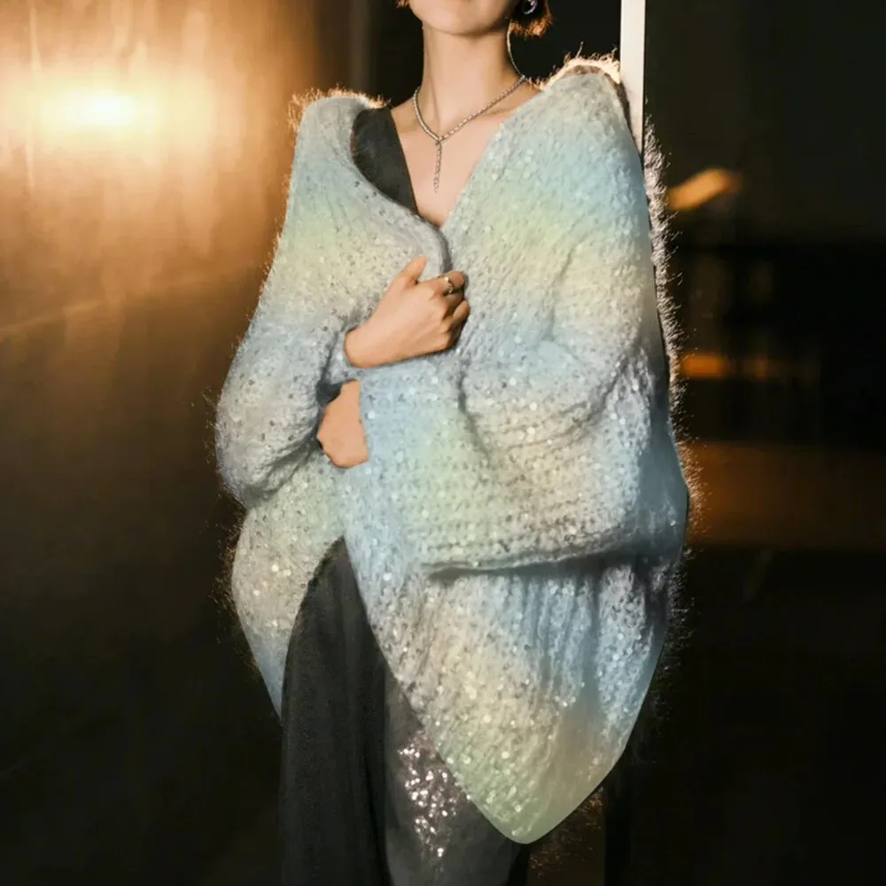 Gradient Casual Sweaters For Women Hooded Long Sleeve Loose Minimalist Chic Knitting Sweater Female Clothing