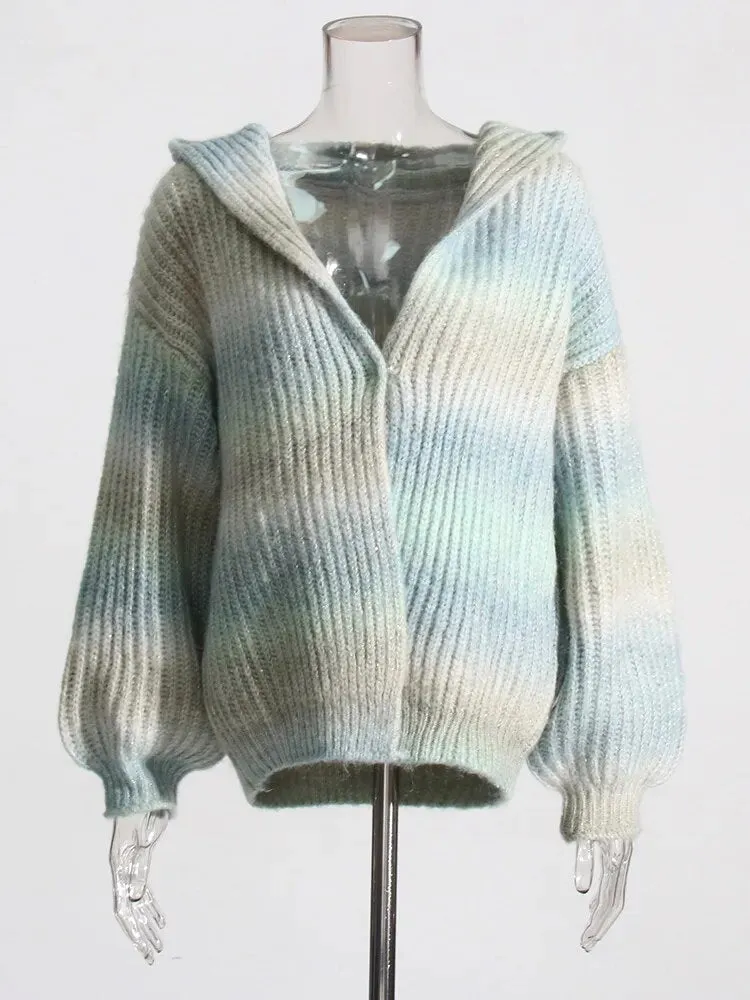 Gradient Casual Sweaters For Women Hooded Long Sleeve Loose Minimalist Chic Knitting Sweater Female Clothing