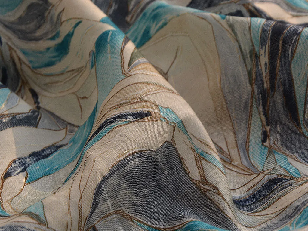 Gray & Sky Blue Floral Leaves Design Premium Modal Chanderi Silk Fabric