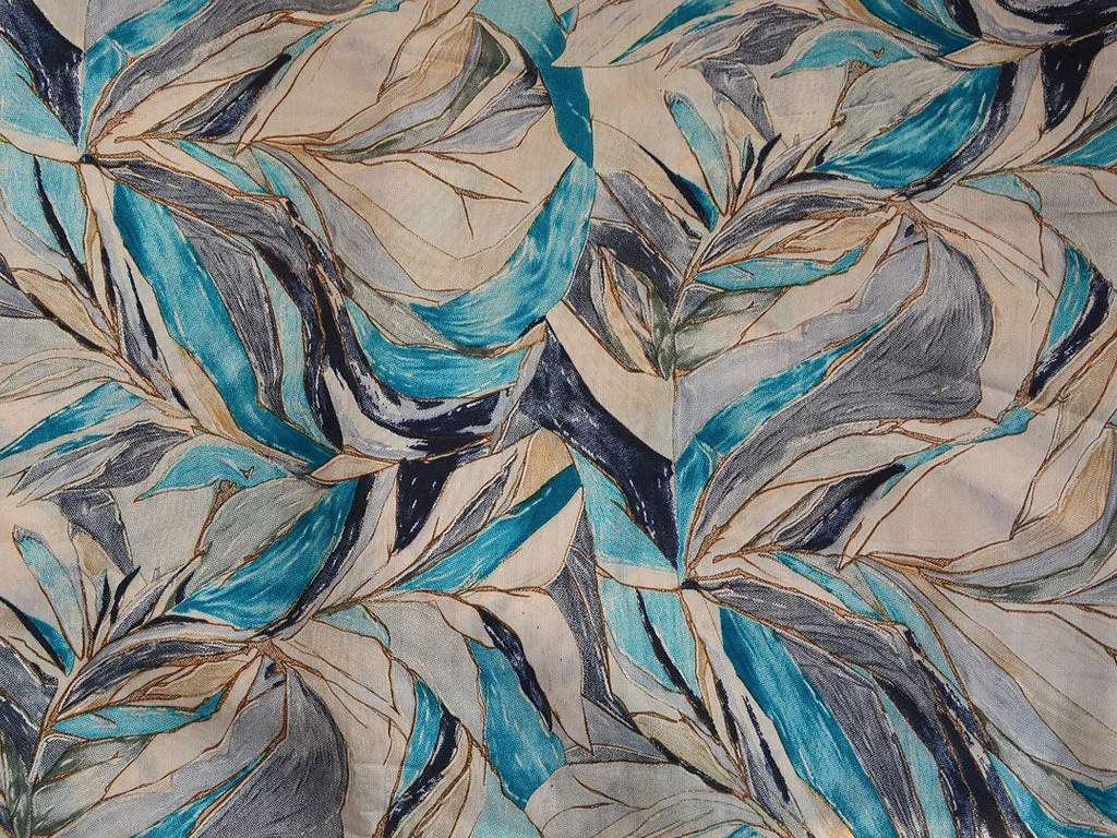 Gray & Sky Blue Floral Leaves Design Premium Modal Chanderi Silk Fabric