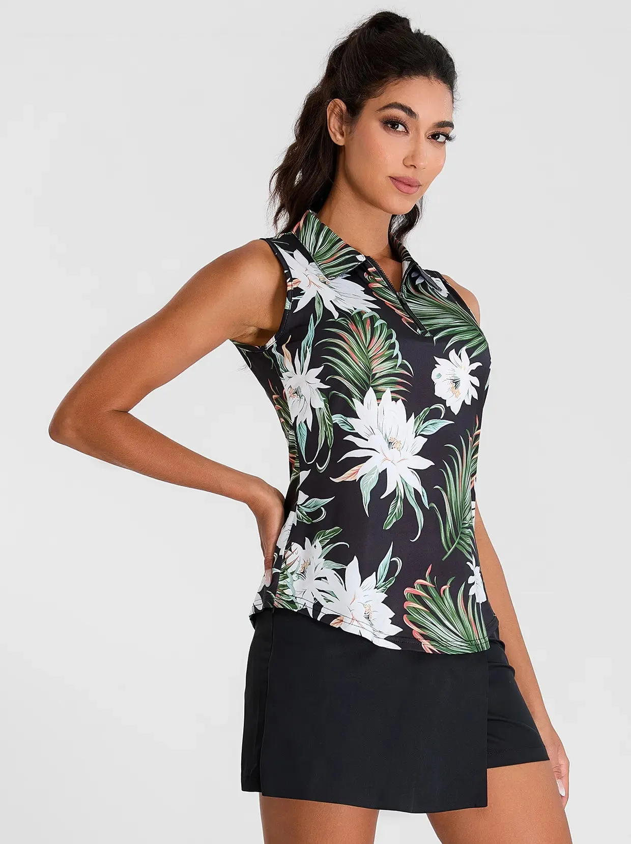 Hawaii Style Floral Quarter-zip Sleeveless Golf Polo Shirt