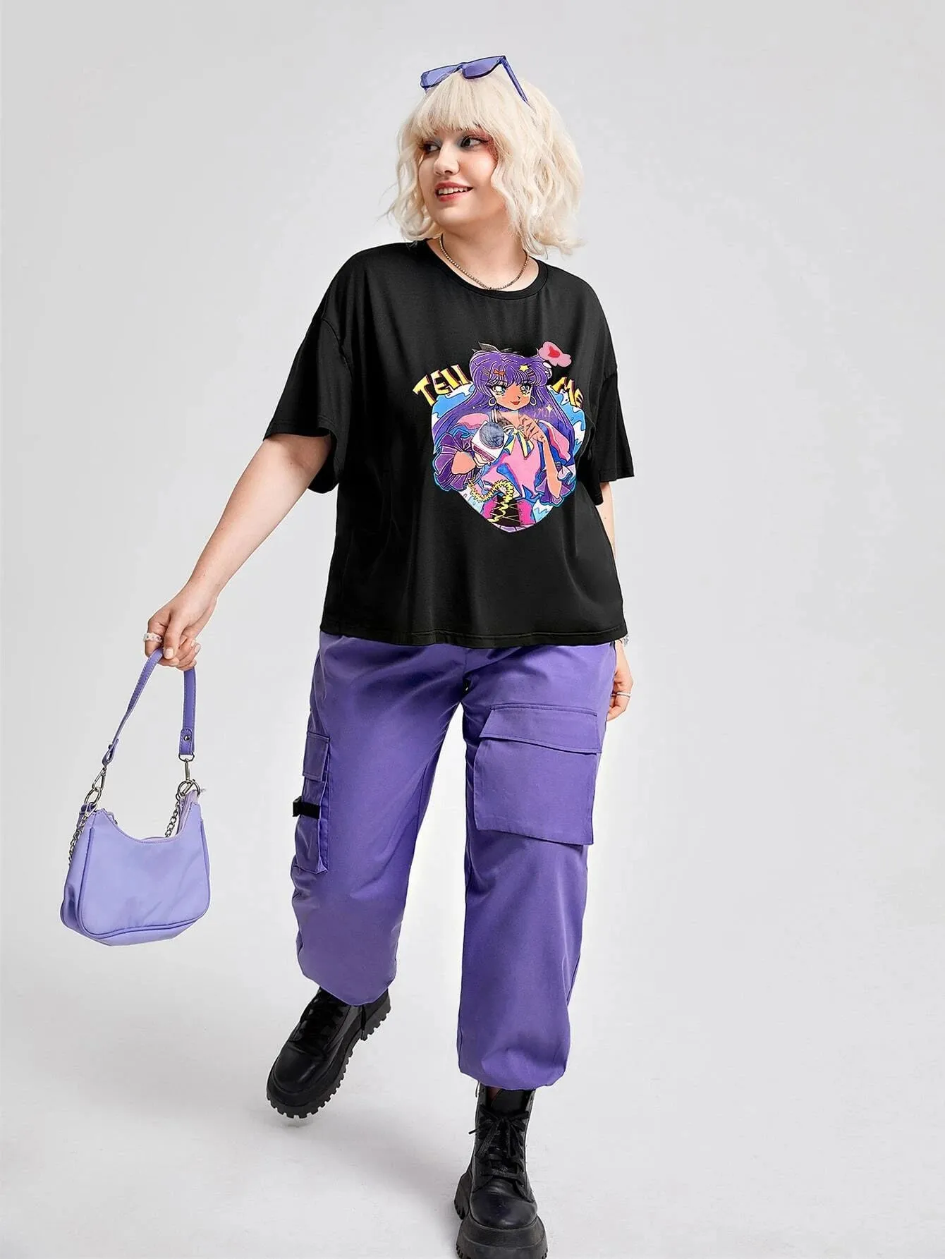 Letter And Graphic Drop Shoulder Tee And Cargo Pants