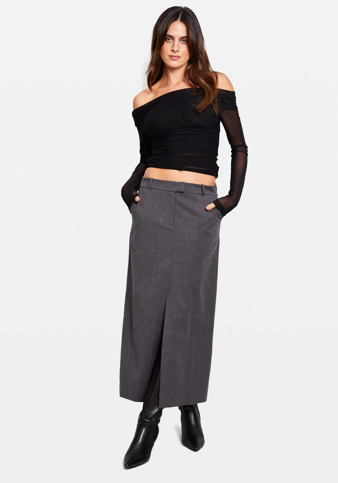 LOW RISE TAILORED MAXI SKIRT GREY
