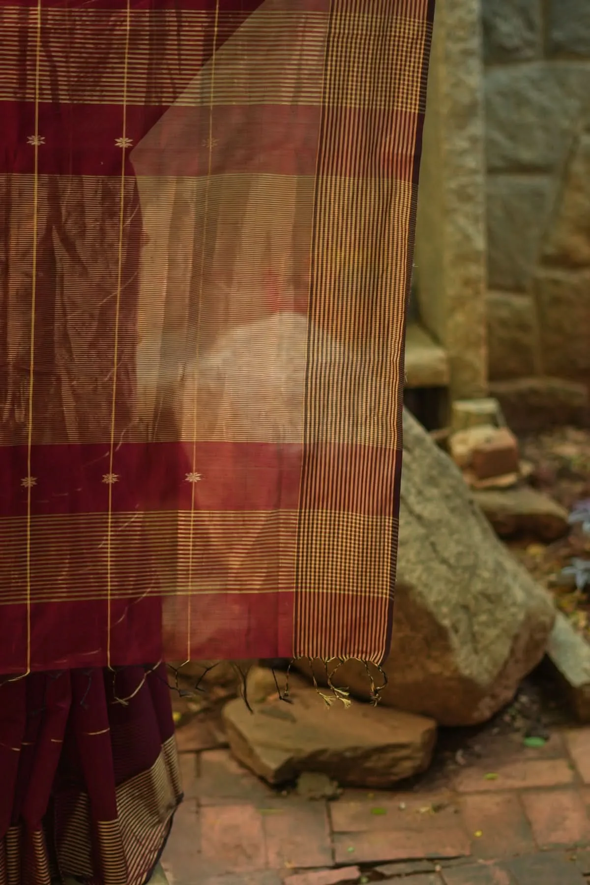 Maheshwari Silk Cotton Saree in Maroon with Stripes and Buttas