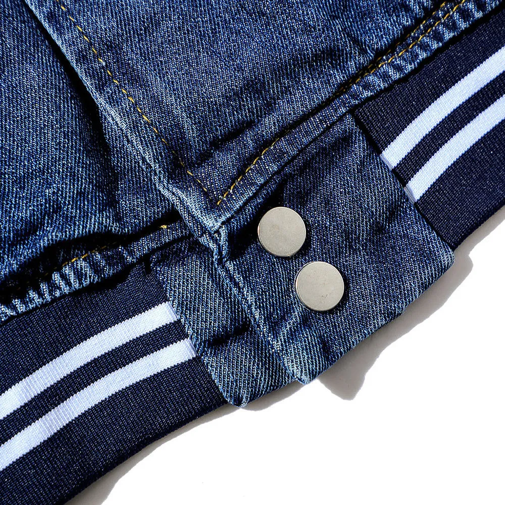 Men Denim Coat Jean Jackets Color Contrast Patchwork Denim Jacket Men's Loose Street Stand Collar Baseball Uniform Coat