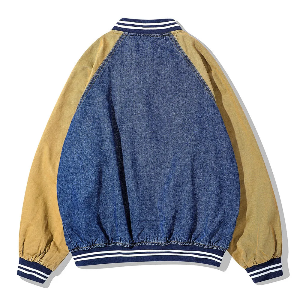 Men Denim Coat Jean Jackets Color Contrast Patchwork Denim Jacket Men's Loose Street Stand Collar Baseball Uniform Coat