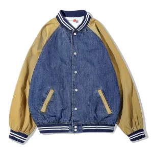 Men Denim Coat Jean Jackets Color Contrast Patchwork Denim Jacket Men's Loose Street Stand Collar Baseball Uniform Coat