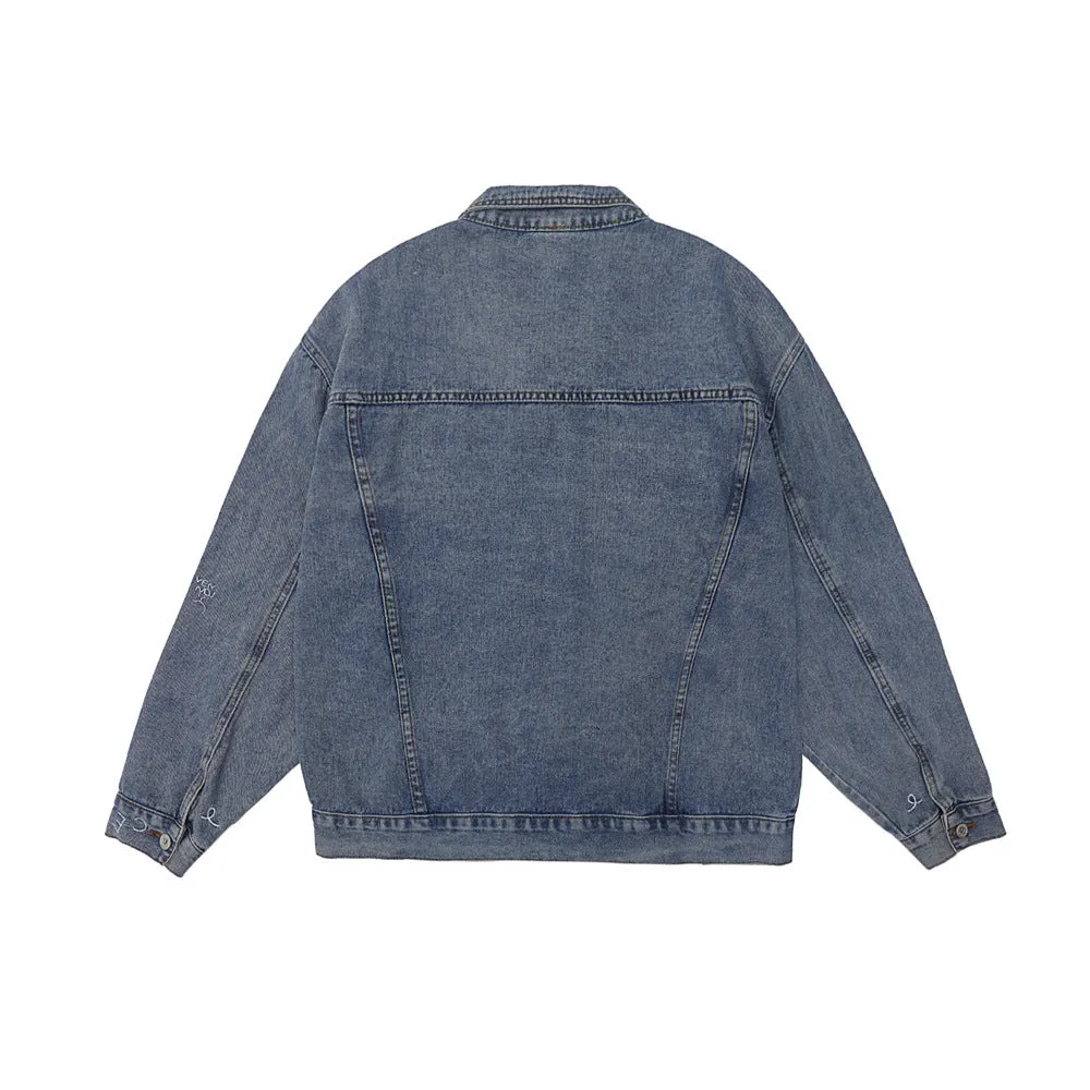 Men Denim Coat Jean Jackets Embroidered Washed Do the Old Cowboy Coat Men's Loose Lapels Jacket Denim Jacket