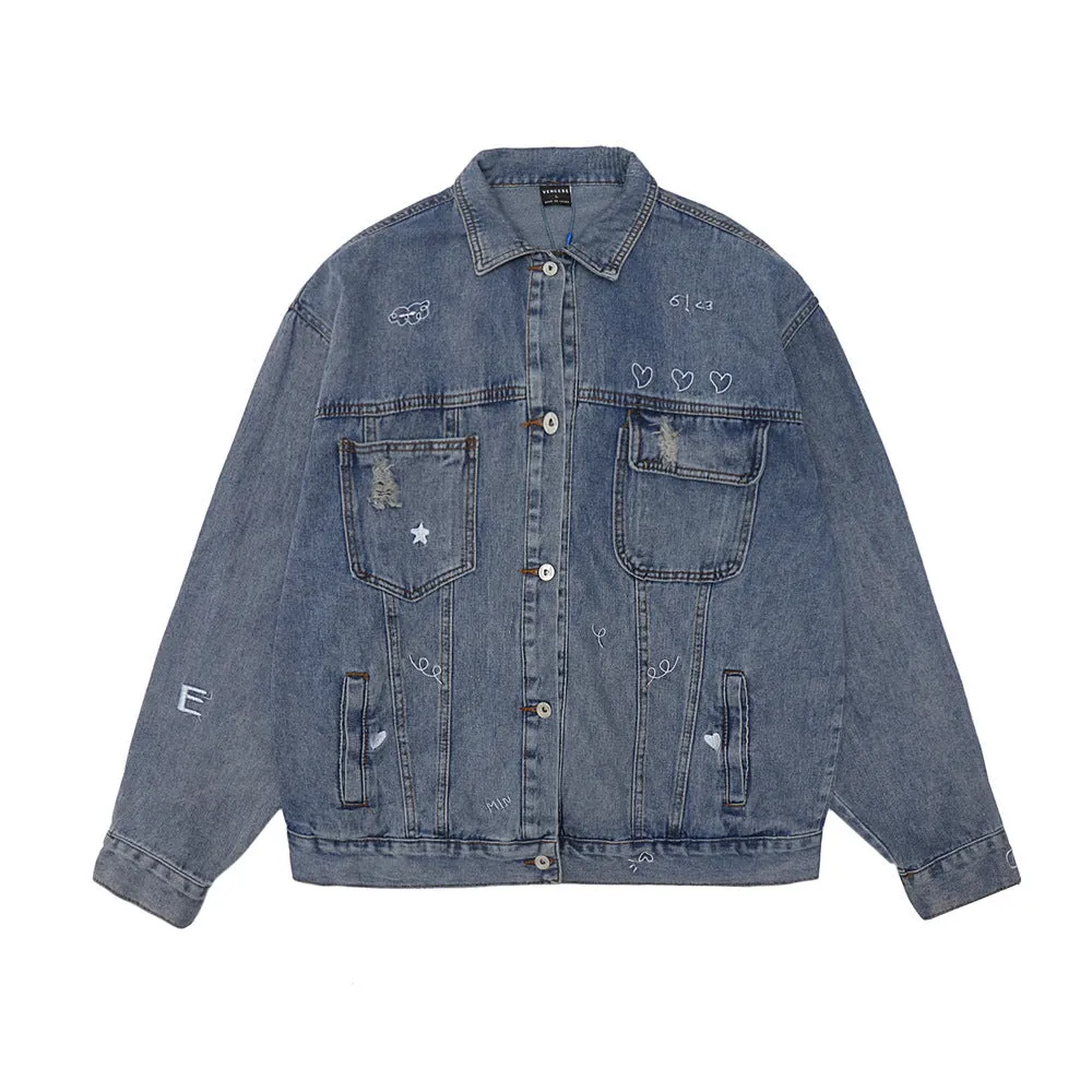 Men Denim Coat Jean Jackets Embroidered Washed Do the Old Cowboy Coat Men's Loose Lapels Jacket Denim Jacket