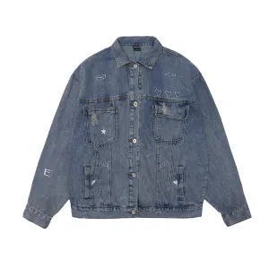 Men Denim Coat Jean Jackets Embroidered Washed Do the Old Cowboy Coat Men's Loose Lapels Jacket Denim Jacket