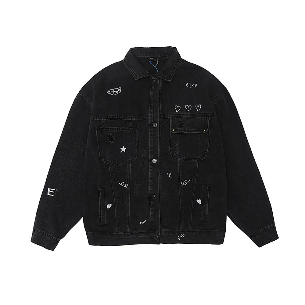 Men Denim Coat Jean Jackets Embroidered Washed Do the Old Cowboy Coat Men's Loose Lapels Jacket Denim Jacket