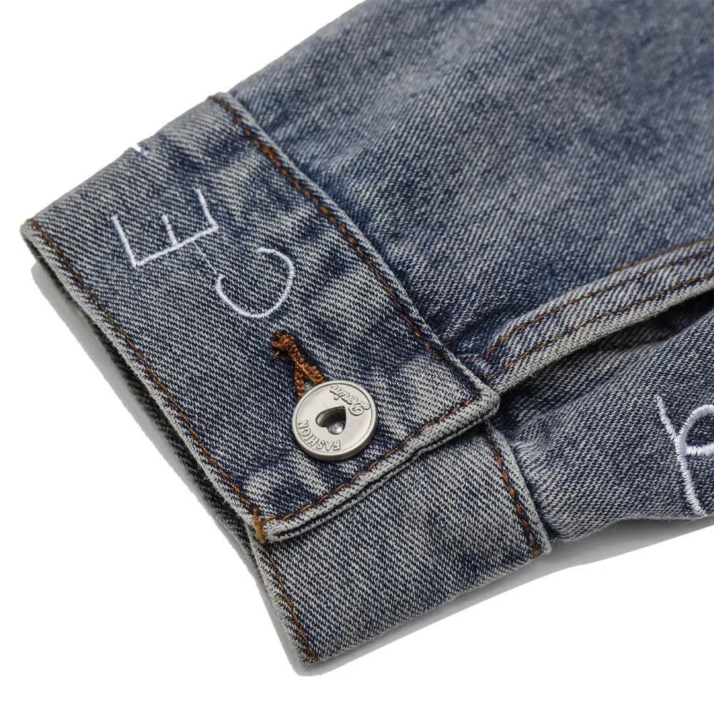 Men Denim Coat Jean Jackets Embroidered Washed Do the Old Cowboy Coat Men's Loose Lapels Jacket Denim Jacket