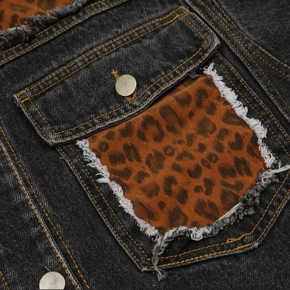 Men Denim Coat Jean Jackets Leopard Print Contrast Color Patchwork Denim Jacket Loose Lapels Jacket Distressed Jeans