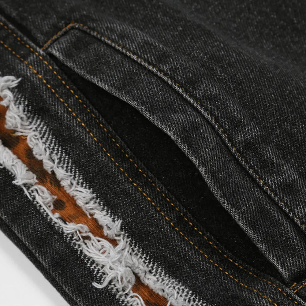 Men Denim Coat Jean Jackets Leopard Print Contrast Color Patchwork Denim Jacket Loose Lapels Jacket Distressed Jeans