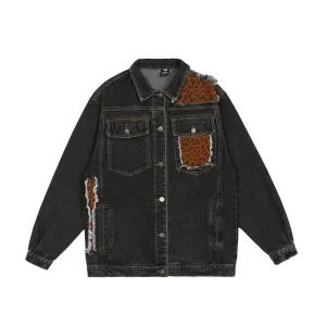 Men Denim Coat Jean Jackets Leopard Print Contrast Color Patchwork Denim Jacket Loose Lapels Jacket Distressed Jeans