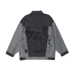 Men Denim Coat Jean Jackets Letter Multicolor Printing Denim Jacket Men's Loose Lapels Jacket Vintage Denim Jacket