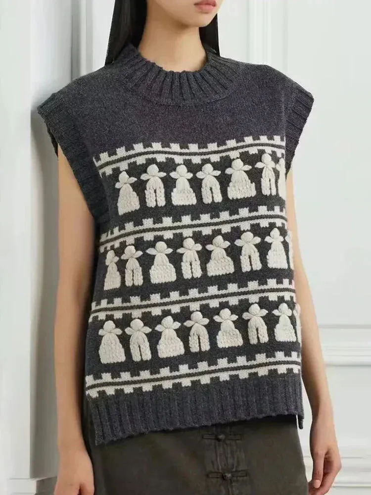 Metaversmall Hit Color Minimalist Loose Knitting Sweater For Women Round Neck Sleeveless Casual Chic Sweaters Female Fashion Clothing