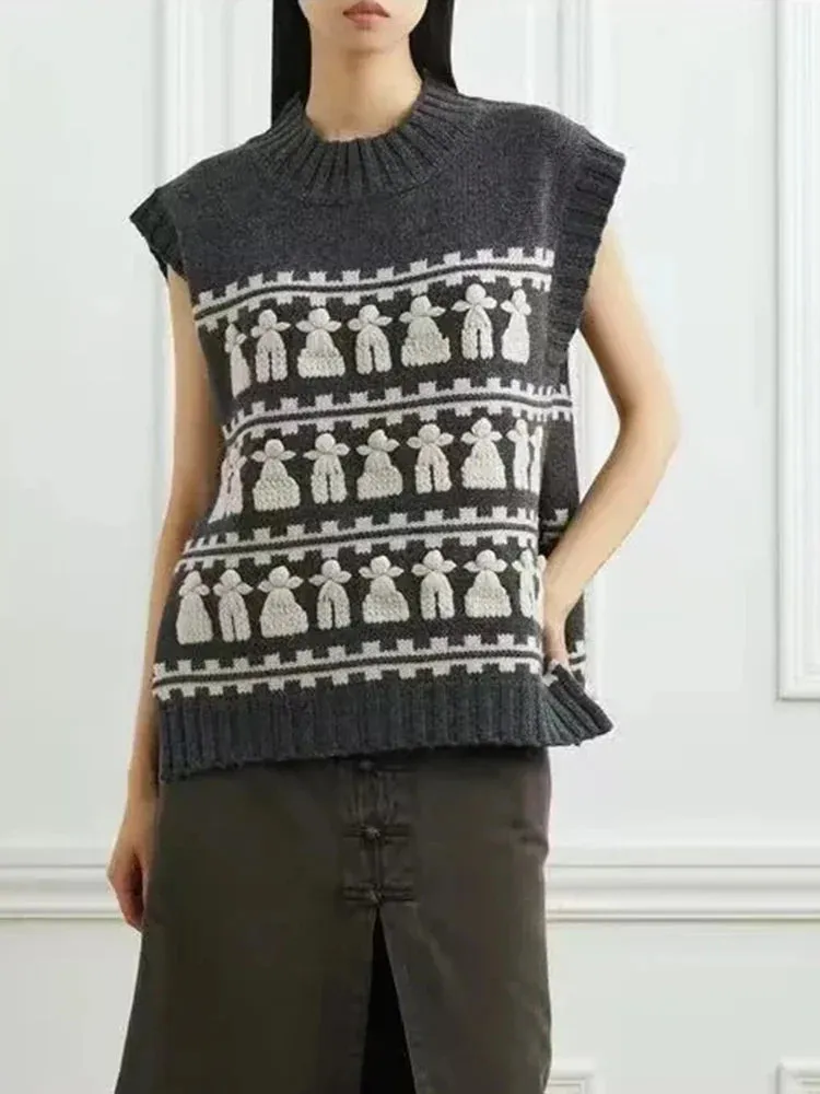 Metaversmall Hit Color Minimalist Loose Knitting Sweater For Women Round Neck Sleeveless Casual Chic Sweaters Female Fashion Clothing