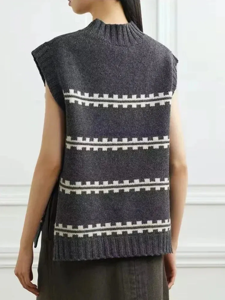 Metaversmall Hit Color Minimalist Loose Knitting Sweater For Women Round Neck Sleeveless Casual Chic Sweaters Female Fashion Clothing