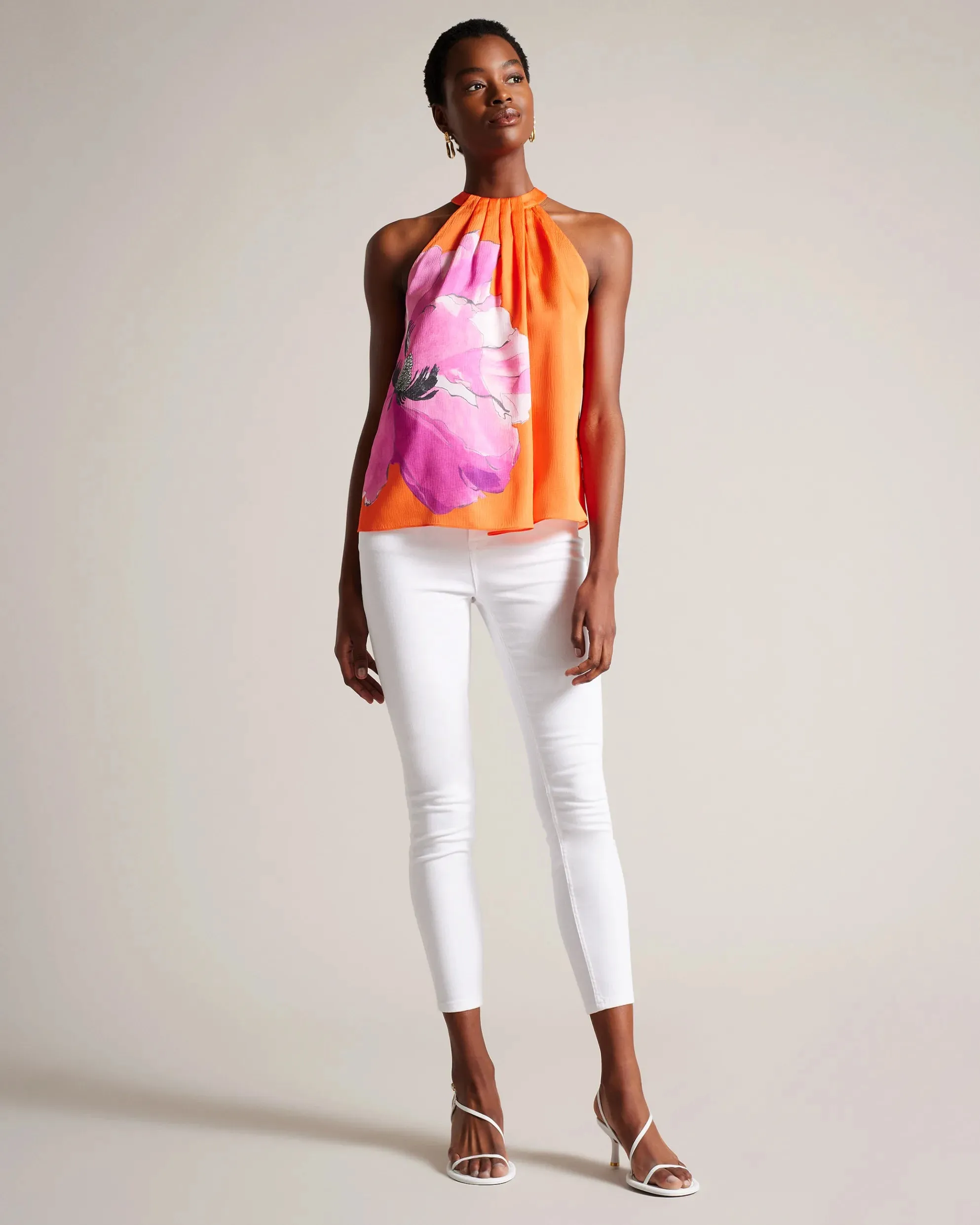 Milenaa Pleated Halter Neck Top - Bright Orange