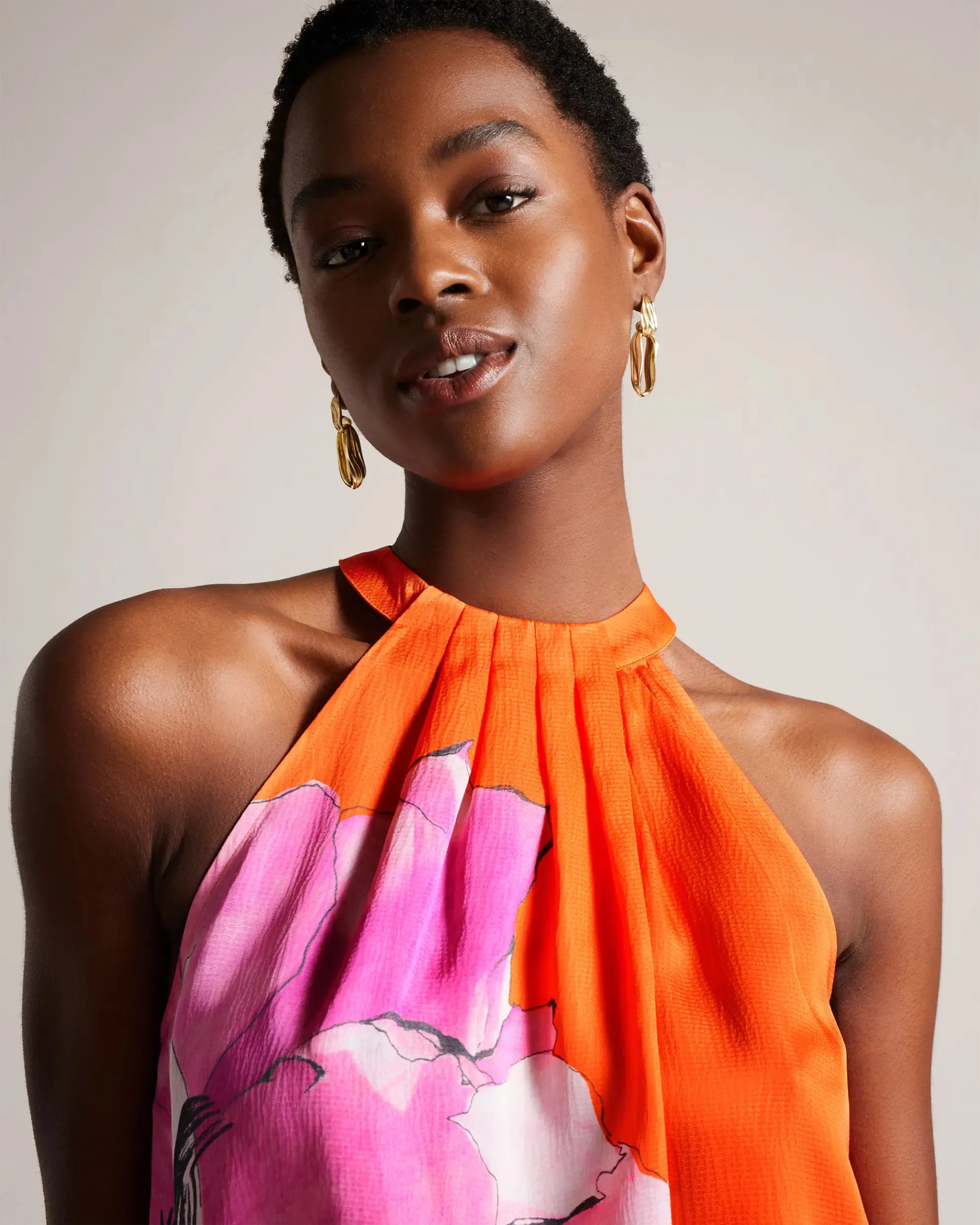 Milenaa Pleated Halter Neck Top - Bright Orange